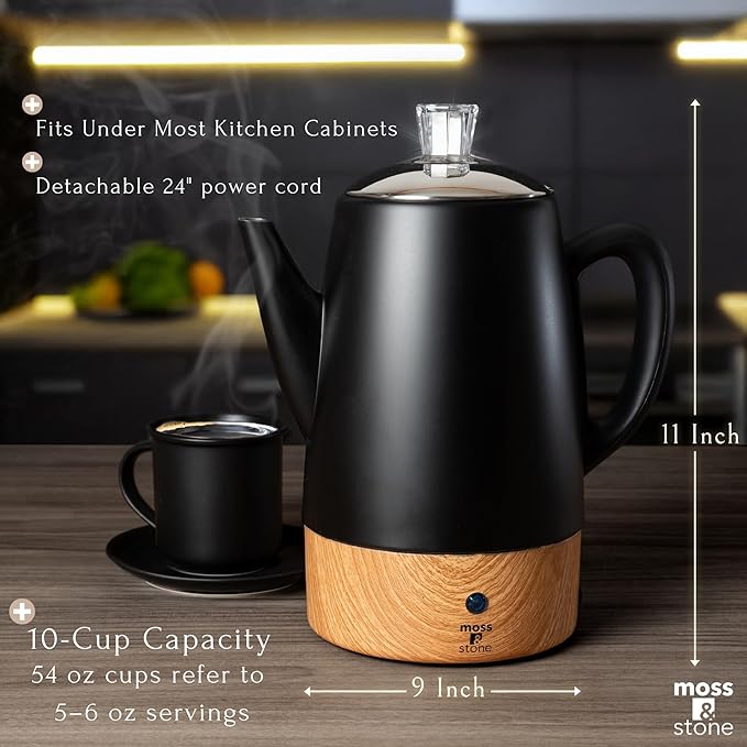 Moss &amp Stone 10 Cup Black Percolator Coffee Pot Electric Stainless Steel Coffee Percolator Electric With Keep Warm Function Classic Perculator Pot With Removable Basket for Home or Office