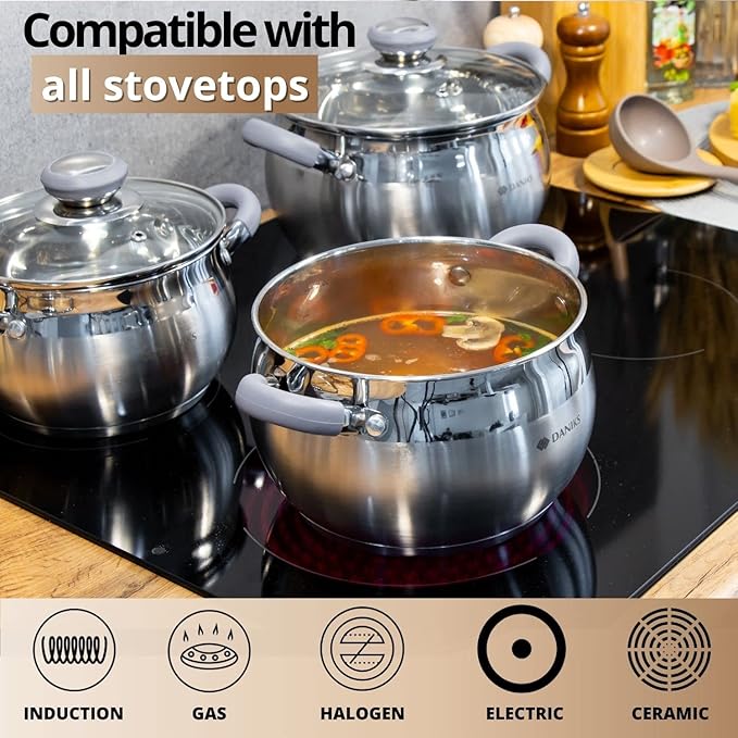Daniks Modern 4 Quart Stainless Steel Stock Pot with Glass Lid Tri-Ply Bottom for Even Heating Induction Compatible Dishwasher Safe Heatproof Handles
