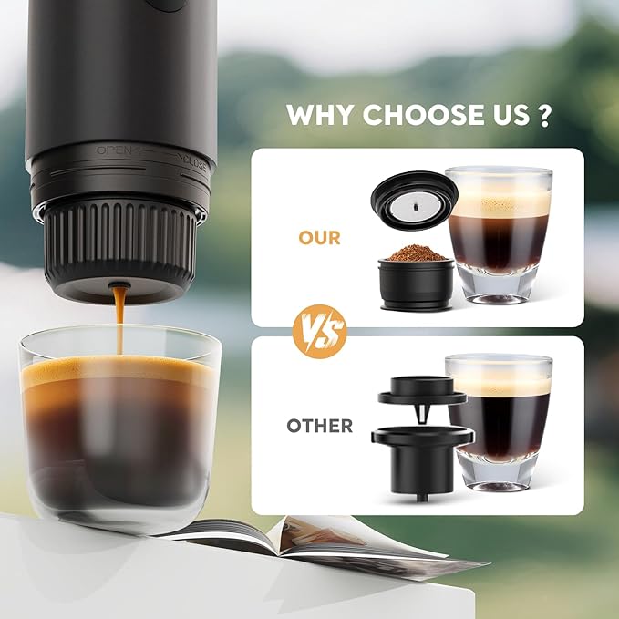 Portable 2-in-1 Coffee Maker Portable 20 Bar Espresso Machine with Automatic Heating Compatible with NS and Ground Coffee for Camping Hiking Travel and Home (Black)