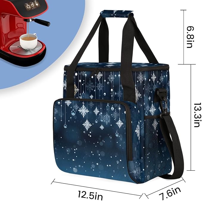 Christmas Snowflakes Coffee Maker Carrying Bag Magic Snowflakes Travel Storage Bag Compatible with K-Mini or K-Mini Plus Single Serve Coffee Brewer Carrying Case with Pockets &amp Shoulder Strap