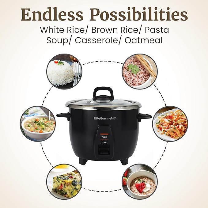 Elite Gourmet ERC2010B Electric Rice Cooker with Stainless Steel Inner Pot Makes Soups Stews Porridge's Grains and Cereals 10 cups cooked (5 Cups uncooked) Black