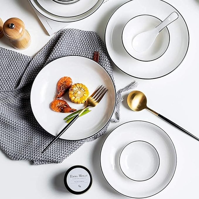 Dinnerware Set Dinnerware Sets 42 Pieces Black Line Stroke Porcelain Dinnerware Combination Set | Bump Texture Plates And Cereals Bowls Sets