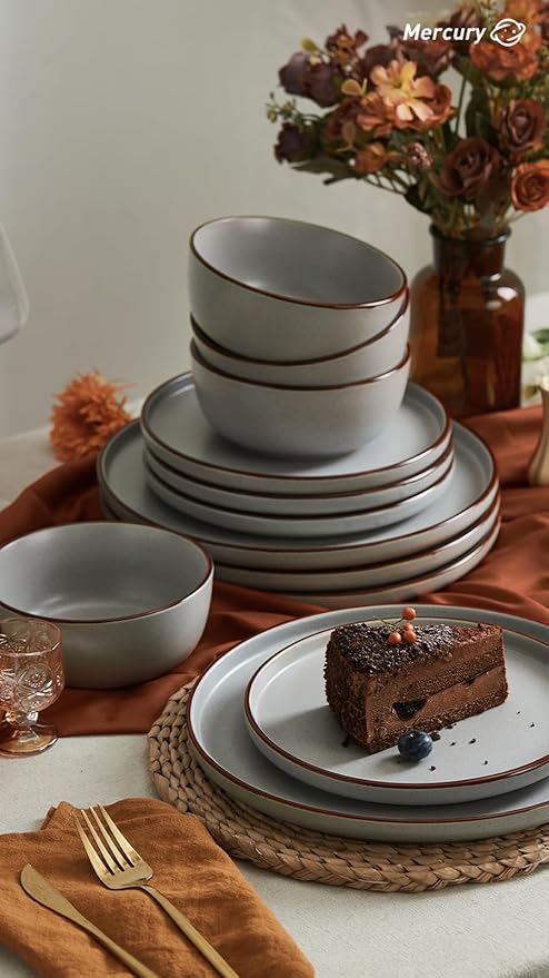 Famiware Mercury 16 Pieces Dinnerware Set with Plates and Bowls and Coffee Mugs Dish Set Service for 4 Stoneware Kitchen Dishes Dinner Sets - Matte Full Glaze Dark Grey