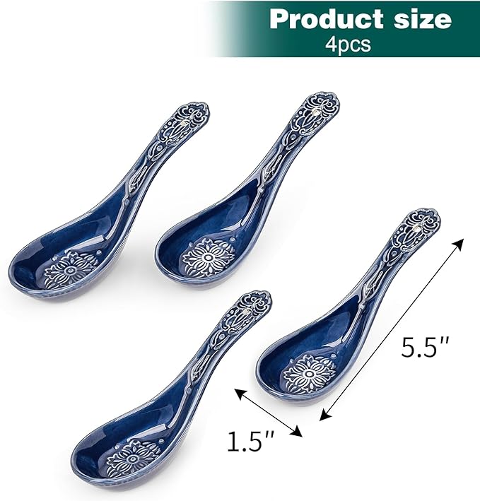 Sungmor Embossed Stoneware Fine Dining Dinnerware Antique Baroque Style Porcelain 5.5 Inch Soup Spoons Set of 4 Blue Ceramic Chinese Spoons Asian Style Spoon for Miso Soup Ramen Dumpling