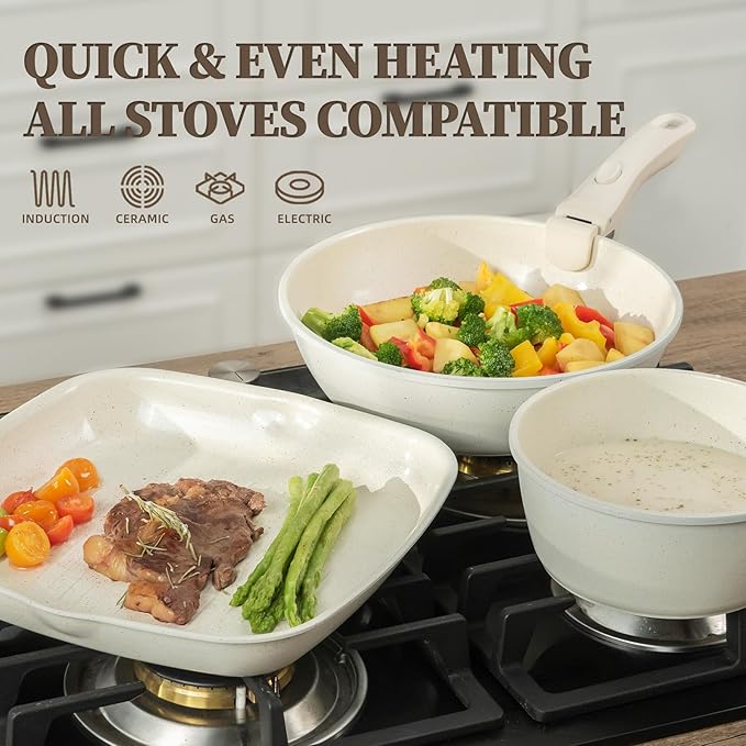 Ceramic Cookware Set Non Stick 23Pcs Pots and Pans Set Non Toxic with Detachable Handle Induction Kitchen Cookware Set Space Saving Oven &amp Dishwasher Safe Cream