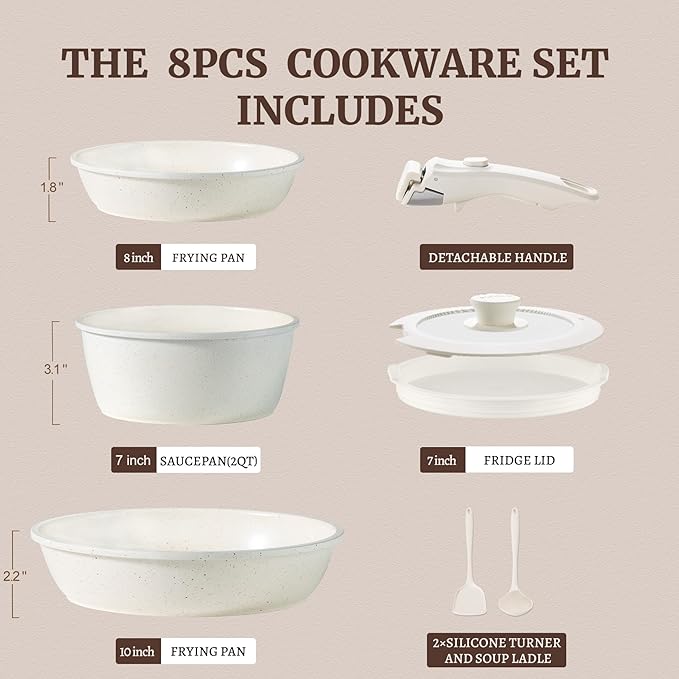 8pcs Ceramic Pots and Pans Set Non Stick Cookware Set Detachable Handle Cookware Induction Kitchen Cooking Set with Removable HandleOven Safe Induction Fast Stackable Cookware Set