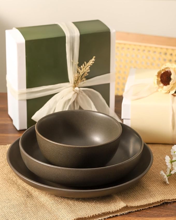 3 Piece Dinnerware Set Stoneware Plate and Bowl Set Ceramic Serveware Set Scratch Resistant Dishwasher &amp Microwave Safe Matte Black