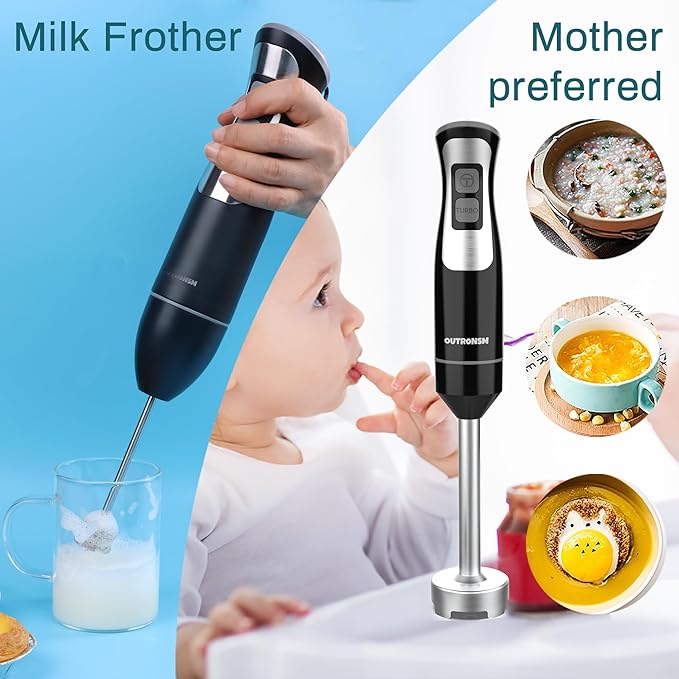 Immersion Blender Handheld OUTRONSM Hand Blender with 4-point thickened SS blades Milk Frother Egg Whisk for Coffee Milk Foam Puree Baby Food Smoothies Sauces and Soups – Black