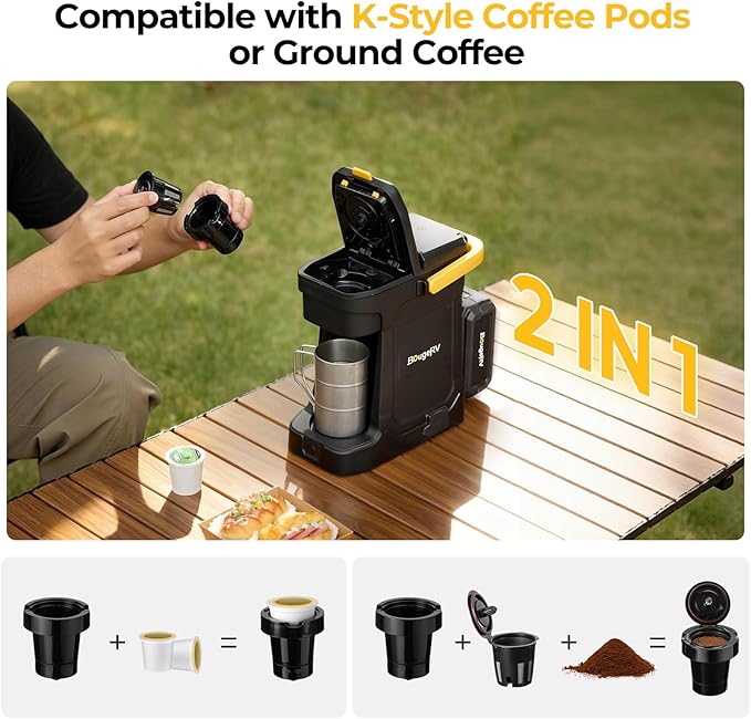 BougeRV Camping Outdoor Camping Electrical Sets 20000mAh Battery Powered Fans and 18V 8Ah Battery Powered Coffee Machine Compatible with K Cup Coffee Pods &amp Ground