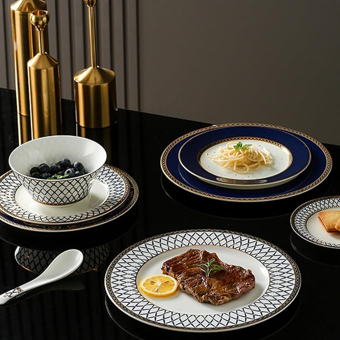 European Style Dinnerware Set Service for 6 Bone China Dinnerware Sets Unbreakable Porcelain Dinner Sets Coffee Cup and Saucer Tableware Set Steak Dinner Plates Dish Set blue-001