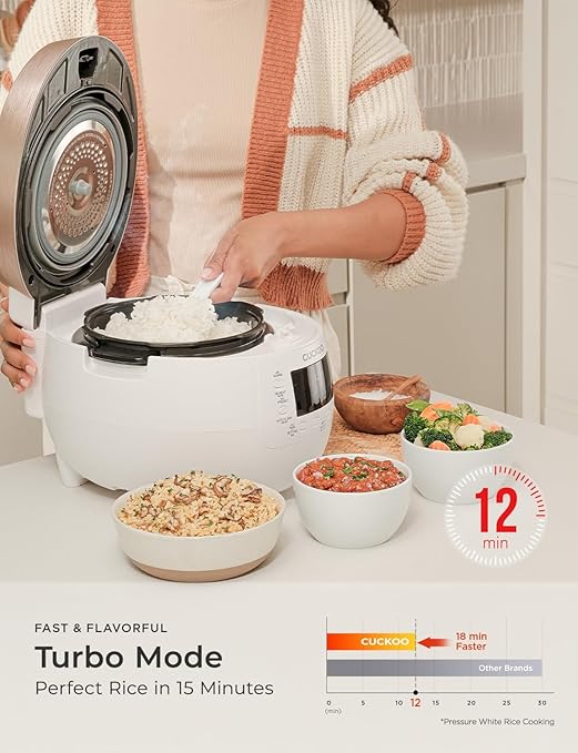 Cuckoo CRP-RT0609FW 6 cup Twin Pressure Plate Rice Cooker &amp Warmer with High Heat GABA Mixed Scorched Turbo Porridge Baby Food Steam (Hi/Non Press.) and more Made in Korea (White)