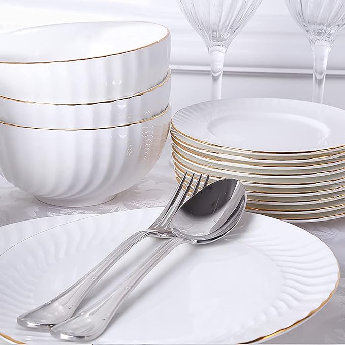 56 Pieces Dinnerware Set White Porcelain Kitchen Fine Bone China Dinner Set with Cereal Bowls Dinner Plate Dessert Plate Deep Soup Plates Fish Plate Dishes Soup Pot