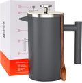 Barista Warrior French Press Coffee Maker Stainless Steel with Built-In Thermometer - Insulated Double Wall Design Dual Filter System Stay-Cool Handle &amp Wood Spoon - Grey