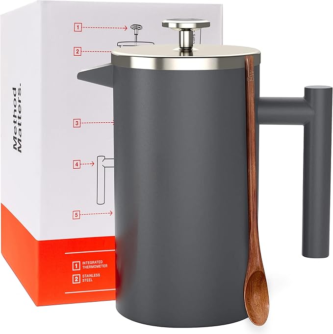 Barista Warrior French Press Coffee Maker Stainless Steel with Built-In Thermometer - Insulated Double Wall Design Dual Filter System Stay-Cool Handle &amp Wood Spoon - Grey