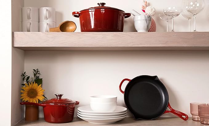 Larder &amp Vine 5-Piece Enameled Cast Iron Cookware Set - Includes 5.7 Quart Dutch Oven with Lid 10.25 Inch Skillet 2.2 Quart Saucepan with Lid (Cabernet)