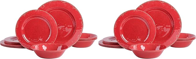 Gibson Home Mauna Melamine Plastic Dinnerware Set Service for 4 (12pcs) Red Rustic (Pack of 2)