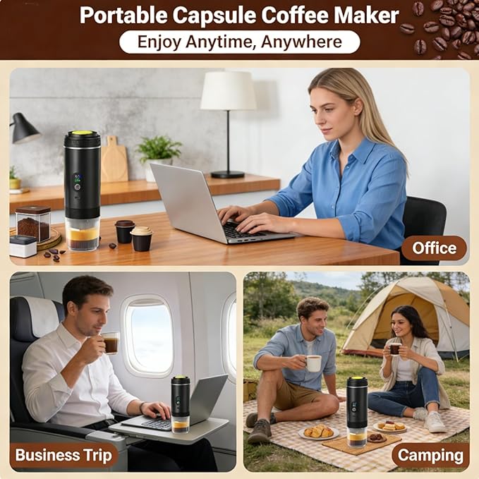 Cordless 20 Bar Auto-Heat Coffee Maker 3-in-1 Espresso Machines &amp Coffee Machine for Powder/Capsules Rechargeable Portable for Camping Travel RV Office (black)