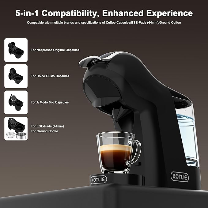 KOTLIE EM-308B Espresso Machine Single Serve Coffee Maker Compatible with Multiple Capsule Types Ground Coffee and ESE Pods 3 Temperatures 7 Water Volume Levels 34 Oz (Black)