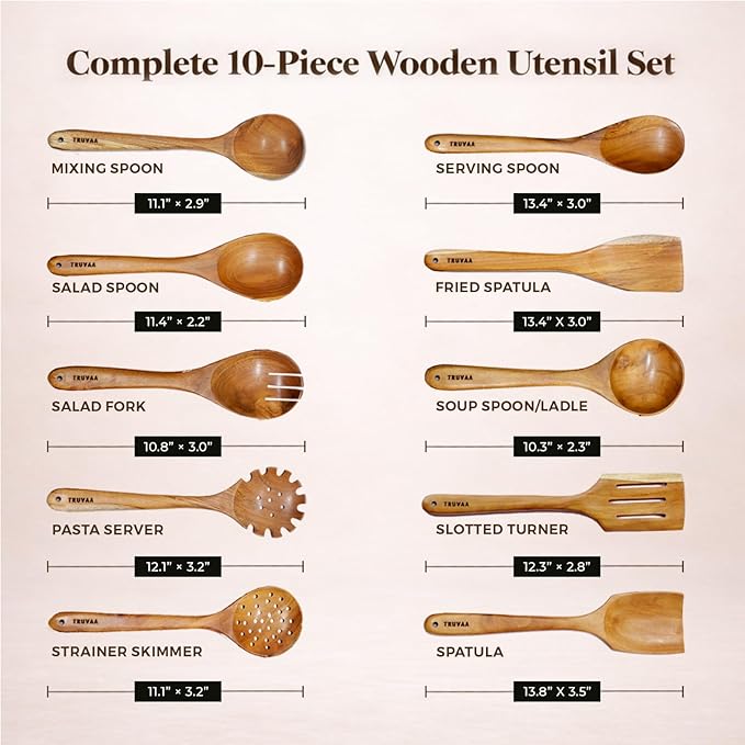 Wooden Spoons for Cooking – 10 Piece Teak Wood Cooking Utensils Set Wooden Spatula &amp Spoon Set for Nonstick Cookware Natural Heat Resistant Kitchen Tools with Gift Box