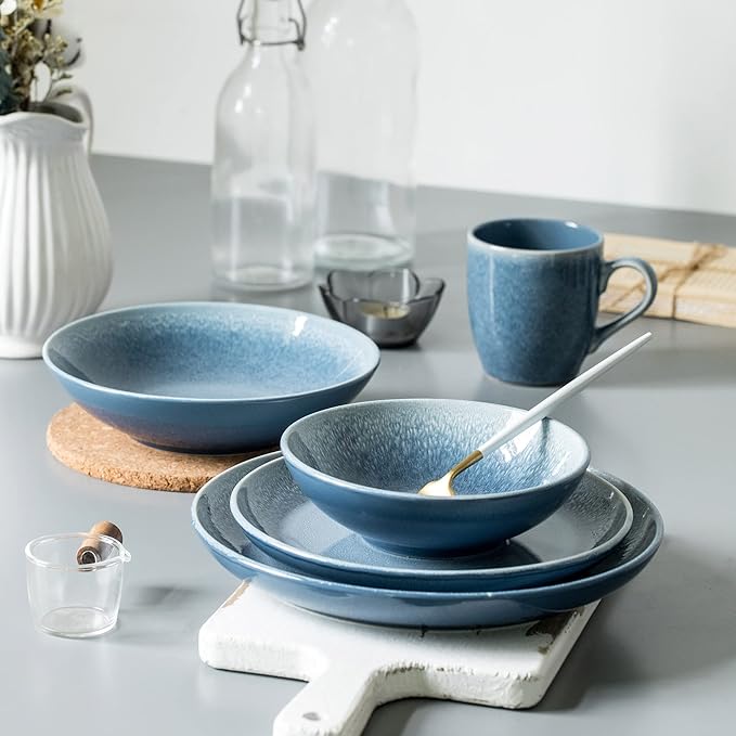 FAIT Round Stoneware 16pc Dinnerware Set for 4 Dinner Plates Side Plates Cereal Bowls Mugs - Reactive Glaze Blue (463014)