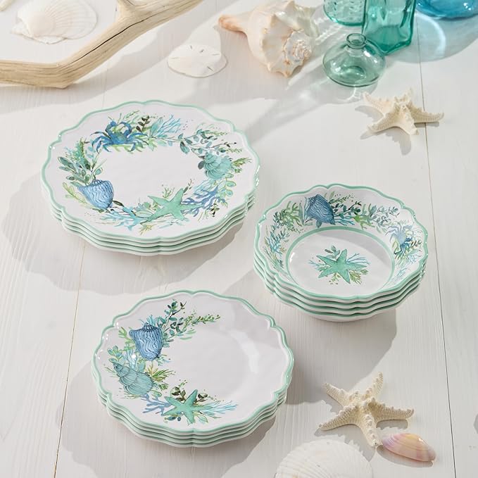 Sea Glass 12 Pc. MELAMINE DINNERWARE SET SERVICEfor 4 coastal mix‑and‑match plates and bowls with ocean motifs ideal for indoor outdoor dining beach homes patios poolside meals