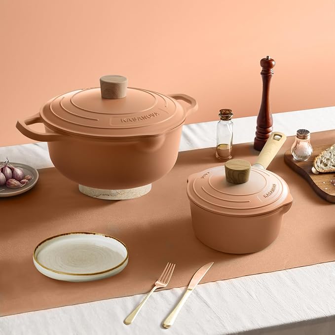 12Pcs Pots and Pans set Nonstick Cookware set Die-cast Aluminum cookware Kitchen Induction Pots and Pans cooking set Lid design PFOA-free Orange Pink (Pink)