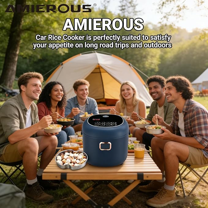 12V/24V/110V Rice Cooker Mini 2L Portable Multicooker 24h Keep Warm Small with Steam Tray Picnic Camping Travel For Car/Truck/Home (Blue)