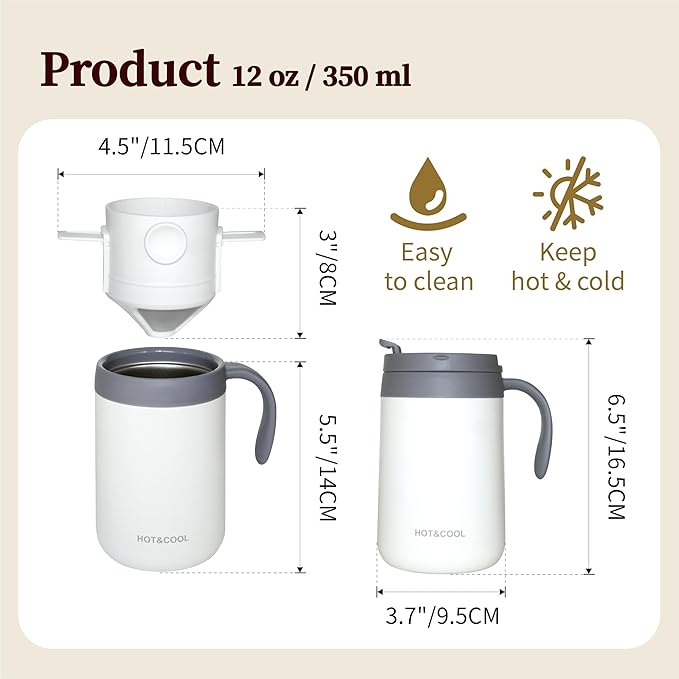 Pour Over Coffee Maker Set 16oz Stainless Steel Insulated Mug Foldable Filter for Camping Travel Office (White)