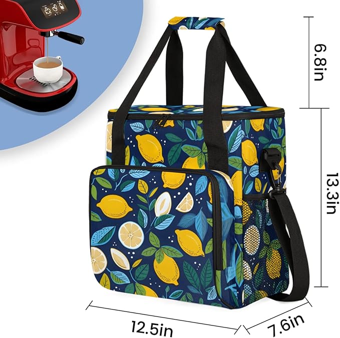 Lemons Prints Coffee Maker Travel Bag for Keurig K-Mini/K-Mini Plus Insulated Waterproof Tote with Pockets Portable Single-Serve Brewer Case