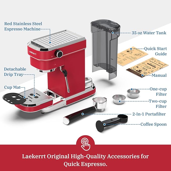 Espresso Machine 20 Bar Professional Espresso Maker with Milk Frother Steam Wand Compact Coffee Machine with Removable Water Tank for Cappuccino Latte Gift for Dad or Mom Stainless Steel Red