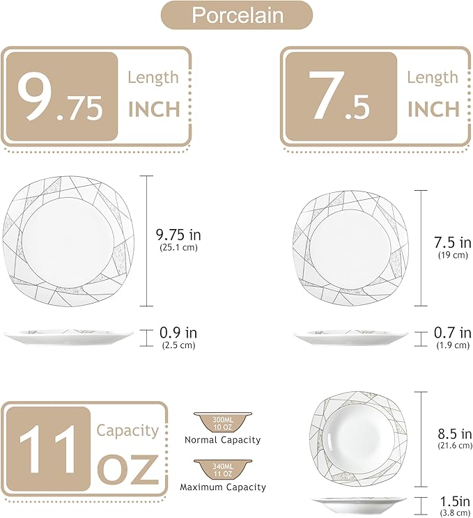 VEWEET 'Serena' 18-Piece Dinner Set - Ivory White Irregular Patterns Porcelain Plates: Set of 6 (7.5 Dessert 8.5 Soup 9.75 Dinner)