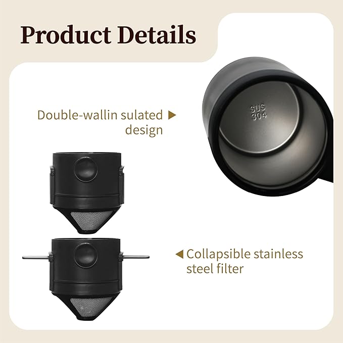 Pour Over Coffee Maker Set 16oz Stainless Steel Insulated Mug Foldable Filter for Camping Travel Office (Black)