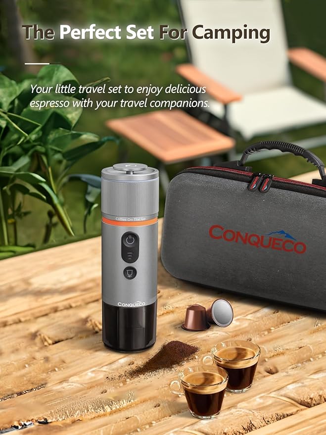 CONQUECO Portable Espresso Machine Travel: 12v Car Coffee Maker with Battery for Camping - Small Electric - 2.5 Mins Heating - Set With Ground Coffee &amp NS Capsule &amp Handbag for RV Hiking Off