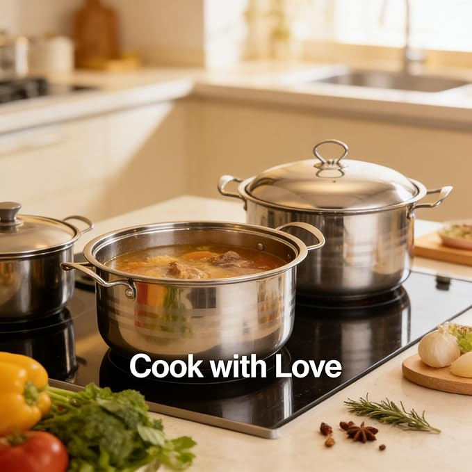 Stainless Steel Pot Kitchen Cookware Set 3 Piece Even Heat Distribution Pots with Lids Anti Stick Surface - Durable Construction Versatile Use for Home and Restaurant
