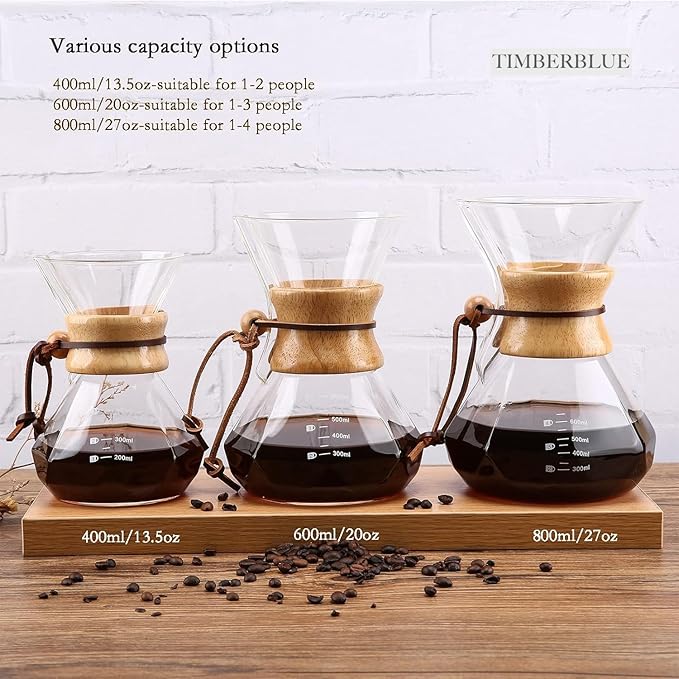 Pour Over Coffee Maker with Reusable Stainless Steel Filter Borosilicate Glass Coffee Jug Wood Collar Coffee Infuser Holds 2 Cups 13.5oz/400ml Clear