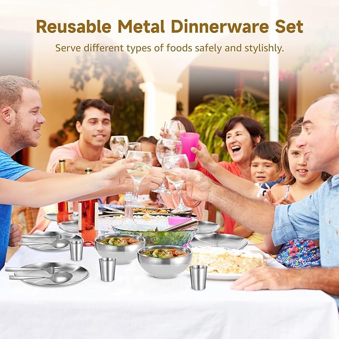 Reusable Metal Dinnerware Set (30 Pcs): 6 Place Settings For Home Outdoors Parties