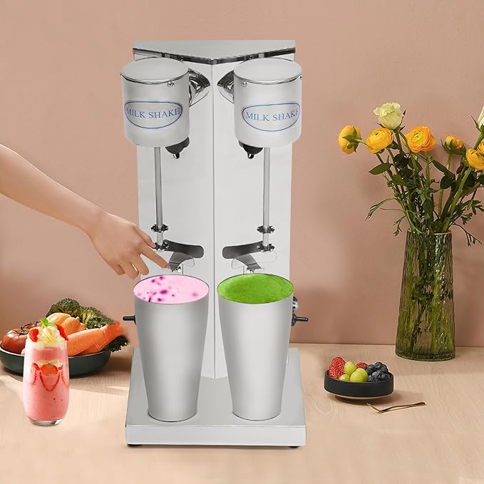 Commercial Stainless Steel Double Head Milkshake Maker 1800W Electric Milkshake Machine with Two 800ml Cups 16000RPM High-Speed Blender for Shakes Smoothies Cocktails Ideal for Home Cafe Bar