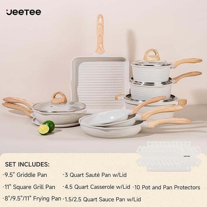 JEETEE 23pcs Pots and Pans Set Non Stick White Cookware Sets for Kitchen w/Frying Pans Saucepans Sauté &amp Griddle &amp Crepe Pan Induction Cooking Pots (PFOA/PFAS Free)