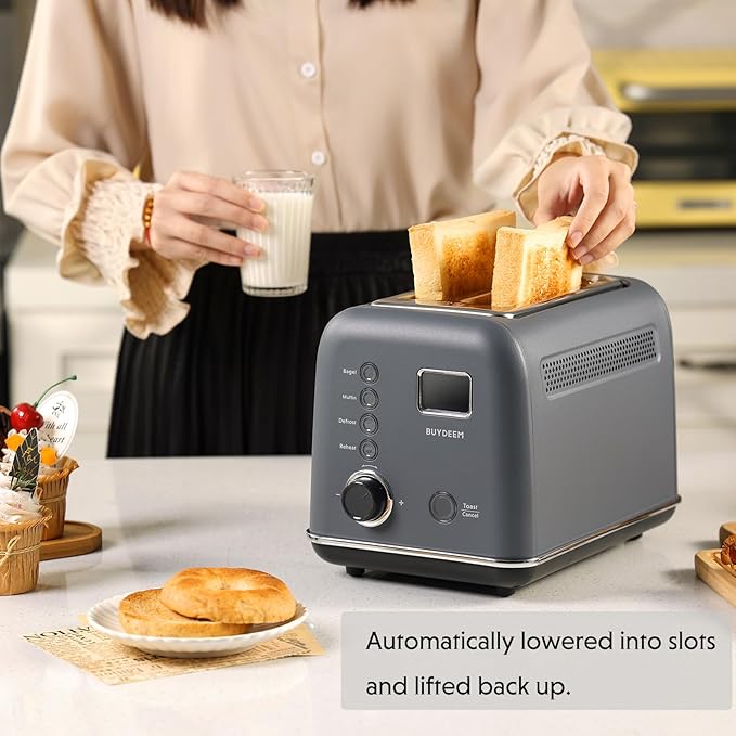 BUYDEEM DT730 Motorized Toaster 2-Slice Smart Digital Leverless Toaster with LCD Countdown Timer 9-Shade Settings for Toast Bagels Waffles Muffins