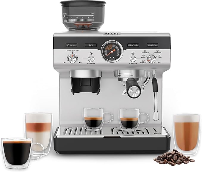 KRUPS Precision Espresso Coffee Machine with Grinder Latte &amp Cappuccino Maker Pump Pressure + Milk Frother Steam Wand Adjustable Grind Settings for Barista-Quality Results Stainless Steel &amp
