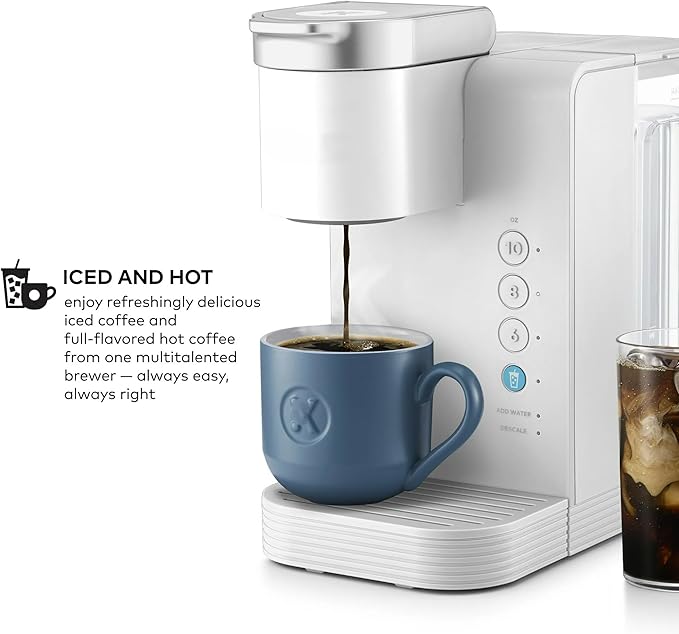 KeurigK -Express Essentials Plus Iced &amp Hot Single Serve Brewer Adjustable Temp Brew Over Ice Pods Compatible Coffee Maker (White)