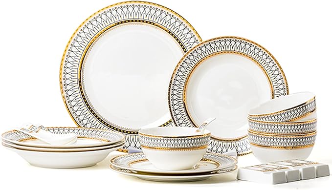 42 Piece Porcelain Dinnerware Set Light Luxury Style Translucent Dishwasher Microwave Safe Plates Bowls Scratch Resistant Dishware Sets (Gold 19 piece set)