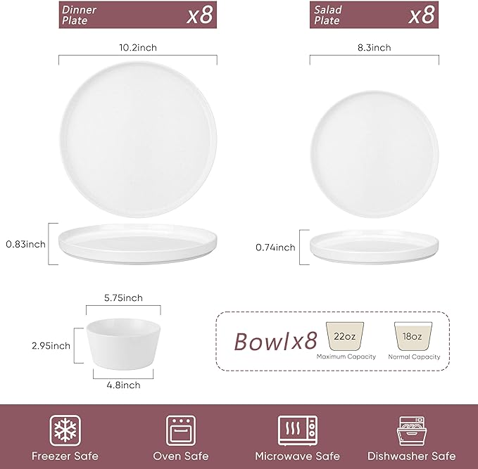 Herogo 24 Pieces Dinnerware Dishes Set for 8 Handmade Stoneware Dining Plates and Bowls Sets Double Reactive Glaze Microwave &amp Dishwasher Safe Scratch Resistant Pearl White