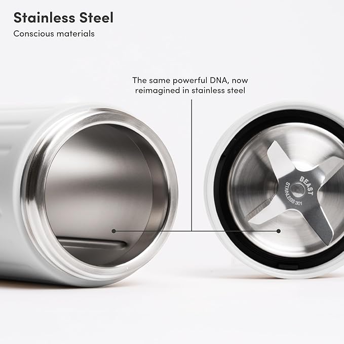 Beast Mini 600 Stainless Steel | Mini Countertop Kitchen Blender | Insulated Stainless Steel Vessel | Smoothies Shakes Dressings Sauces Dips | Portable Straw Caps and Lids | 600W (Cloud White)