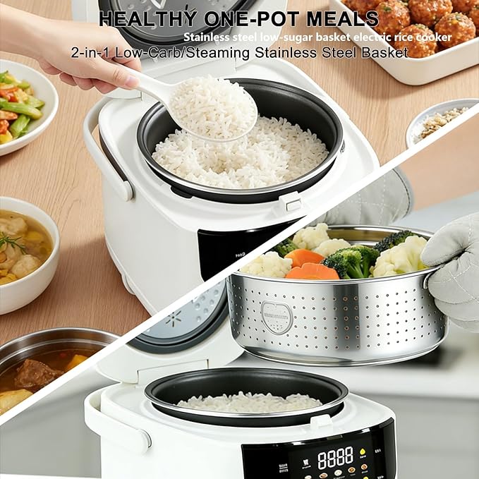 Portable Mini Stainless Steel Low Carb Rice Cooker2L6 Cups Cooked/3 Cups Uncooked400W Non-Stick Rice Maker 24 hours Timer Delay10 Functions Fast CookerAuto Keep WarmWhite