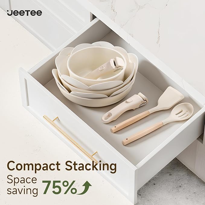 JEETEE Pots and Pans Set Non Stick 19pcs Kitchen Cookware Sets with Detachable Handle Induction Nonstick Cookware Set with Removable Handle Stackable RV Cookware Oven Safe PFAS/PFOA Free Beige