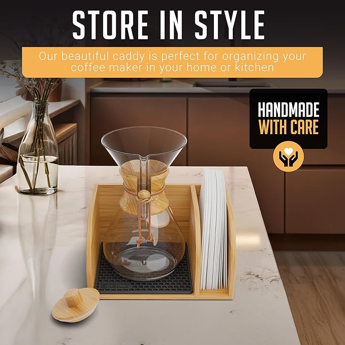 HEXNUB Caddy and Lid for Pour Over Coffee Maker Bamboo Stand fits Chemex Bodum Cosori Coffee Carafes Heatproof Mat Filter Holder - Black Mat