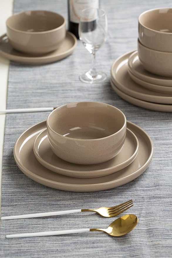 Famiware Milkyway Plates and Bowls Set of 12 and Kitchen Utensil Holder for Countertop Set of 2 14 Pieces Dinnerware Sets Cinnamon Brown