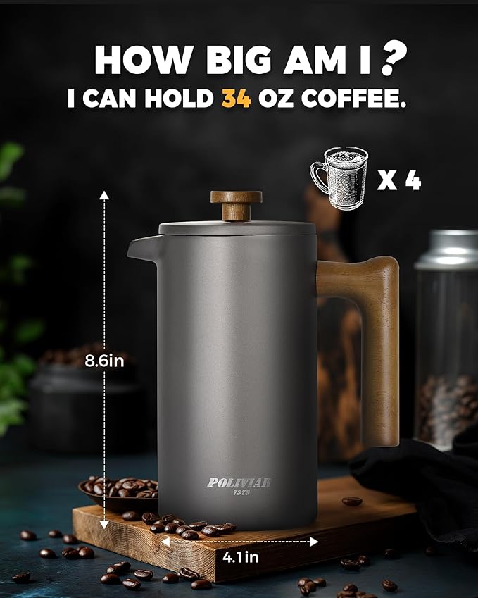 POLIVIAR French Press Coffee Maker 34 Ounce Coffee Press with Real Wood Handle Double Wall Insulation &amp Dual-Filter Screen Food Grade Stainless Steel for Good Coffee and Tea (Cliff)