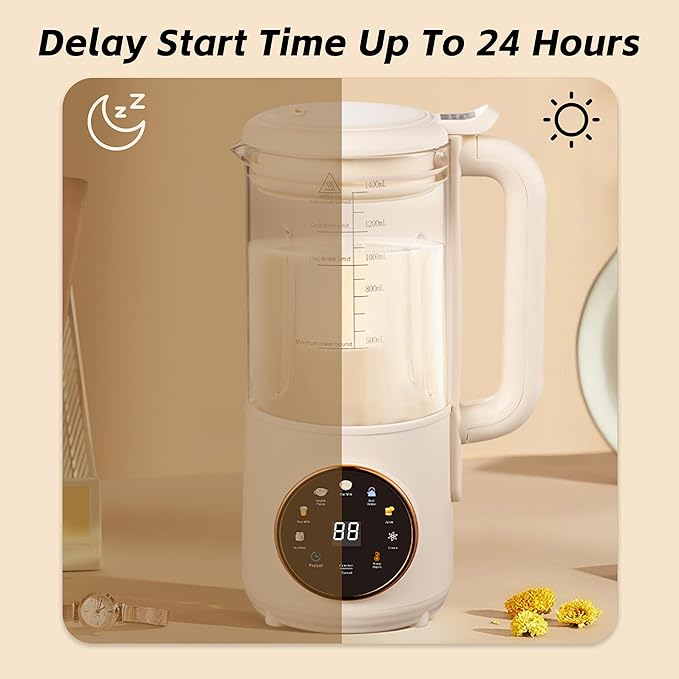 8 in 1 Nut Milk Maker Machine 48oz Homemade Almond Oat Soy Coconut Plant-Based and Non-Dairy Beverages with Self-Cleaning Boil Water Delay Start Keep Warm 16 Blade Blender Glass Jar